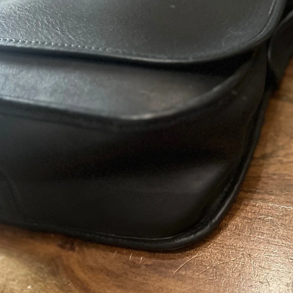 Vintage Coach Crossbody Bag Black Leather Flap Brass Classic Quiet Luxury 90s